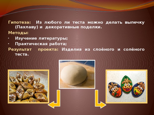 Гипотеза:  Из любого ли теста можно делать выпечку (Пахлаву) и декоративные поделки. Методы: Изучение литературы; Практическая работа; Результат проекта: Изделия  из слоёного и солёного теста.  