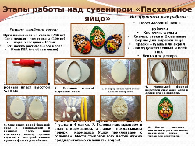 Этапы работы над сувениром «Пасхальное яйцо»   Инструменты для работы :  Пластмассовый нож и трубочка  Кисточки, фольга  Скалка, стеки и 2 овальные формы для вырезки яйца  Краски – гуашь или акрил  Лак художественный и клей ПВА Лента для декора Рецепт солёного теста:  Мука пшеничная – 1 стакан (200 мг)  Соль мелкая – пол стакана (100 мг)  вода холодная – 100 мг  1ст. ложка растительного масла  Клей ПВА (не обязательно)  3. В верху овала трубочкой делаем отверстие. 4. Маленькой формой вырезаем еще один овал и делим его на пополам. 2. Большой формой вырезаем овал. 1. Раскатываем тесто в ровный пласт высотой 5-10 мм 5. Смачиваем водой большой овал и накладываем в нижнюю часть яйца половинку овала, делаем карман, в который кладем кусочек фольги для объема. 8. После полного высыхания, раскрашиваем, покрываем лаком и украшаем ленточкой. 6. Лепим из теста 2 шарика (головы зайкам), 4 ушка и 4 лапки. 7. Головы накладываем в стык с кармашком, а лапки накладываем поверх кармашка. Ушки приклеиваем к головкам. Места стыковок всех частей нужно предварительно смачивать водой! 