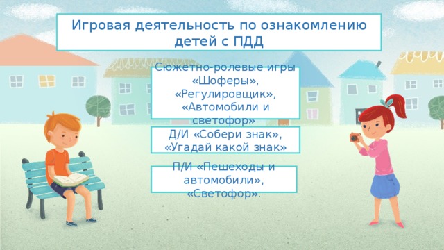 Игровая деятельность по ознакомлению детей с ПДД Сюжетно-ролевые игры «Шоферы», «Регулировщик», «Автомобили и светофор» Д/И «Собери знак», «Угадай какой знак» П/И «Пешеходы и автомобили», «Светофор». 