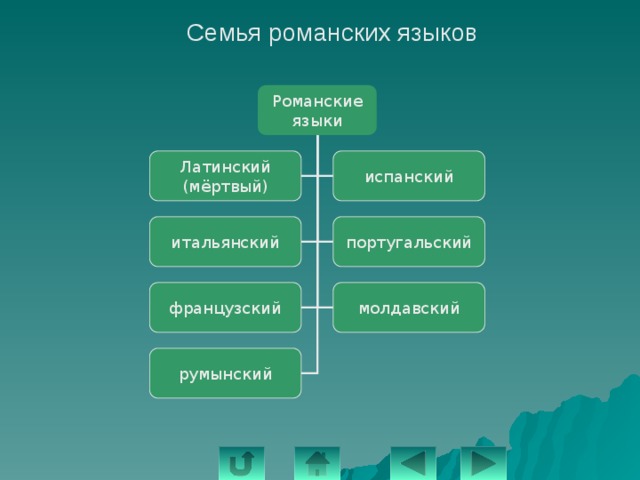 Семья романских языков Романские языки испанский Латинский (мёртвый) итальянский португальский французский молдавский румынский 