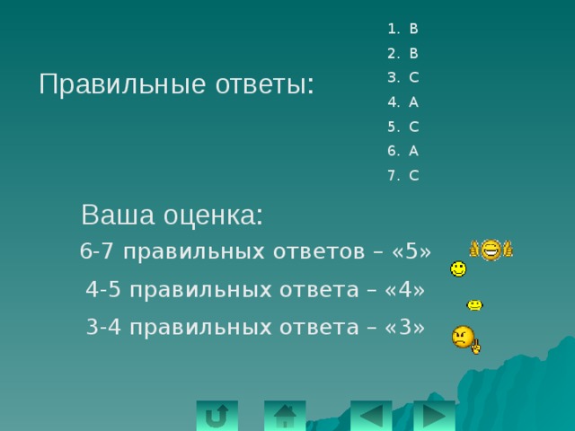 В В С А С А С Правильные ответы: Ваша оценка: 6-7 правильных ответов – «5» 4-5 правильных ответа – «4» 3-4 правильных ответа – «3» 