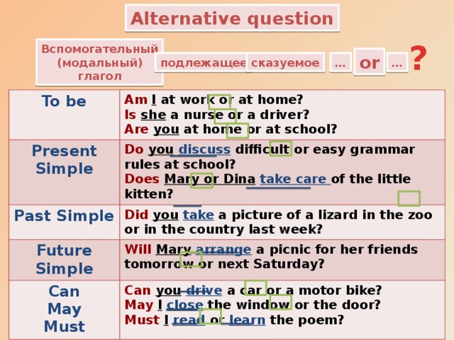 Alternative question ? Вспомогательный (модальный) глагол or … … подлежащее сказуемое To be Am  I at work or at home? Present Simple Do  you  discuss difficult or easy grammar rules at school? Is  she a nurse or a driver? Past Simple Does  Mary or Dina  take care of the little kitten? Are  you at home or at school? Future Simple Did you  take a picture of a lizard in the zoo or in the country last week? Will  Mary  arrange a picnic for her friends tomorrow or next Saturday? Can May Can  you  drive  a car or a motor bike? May  I  close  the window or the door? Must Must  I  read  or learn the poem? 