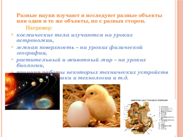  Разные науки изучают и исследуют разные объекты или одни и те же объекты, но с разных сторон.   Например: космические тела изучаются на уроках астрономии, земная поверхность – на уроках физической географии, растительный и животный мир – на уроках биологии, принцип работы некоторых технических устройств – на уроках физики и технологии и т.д.  