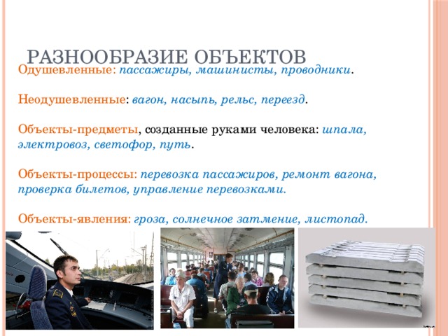 Разнообразие объектов  Одушевленные: пассажиры, машинисты, проводники .  Неодушевленные : вагон, насыпь, рельс, переезд .  Объекты-предметы , созданные руками человека: шпала, электровоз, светофор, путь .  Объекты-процессы: перевозка пассажиров, ремонт вагона, проверка билетов, управление перевозками.  Объекты-явления: гроза, солнечное затмение, листопад.  