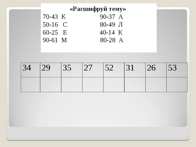 «Расшифруй тему» 70-43 К 90-37 А 50-16 С 80-49 Л 60-25 Е 40-14 К 90-61 М 80-28 А 34 29 35 27 52 31 26 53 