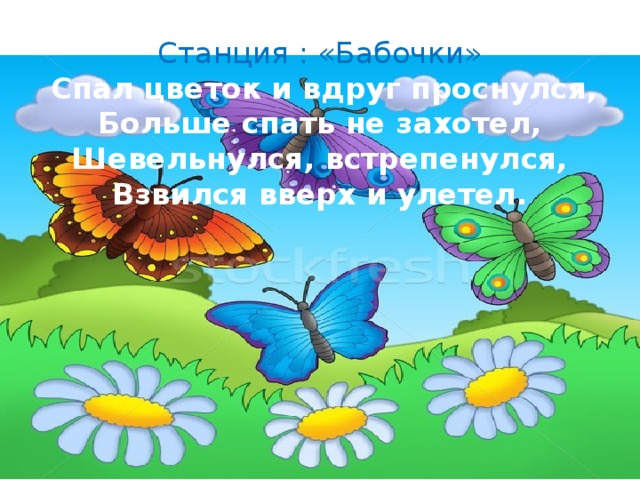 Станция : «Бабочки»   Спал цветок и вдруг проснулся,  Больше спать не захотел,  Шевельнулся, встрепенулся,  Взвился вверх и улетел.    