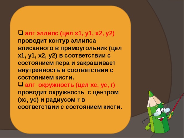  алг эллипс (цел х1, у1, х2, у2) проводит контур эллипса вписанного в прямоугольник (цел х1, у1, х2, у2) в соответствии с состоянием пера и закрашивает внутренность в соответствии с состоянием кисти.  алг окружность (цел хс, ус, r) проводит окружность с центром (хс, ус) и радиусом r в соответствии с состоянием кисти. 