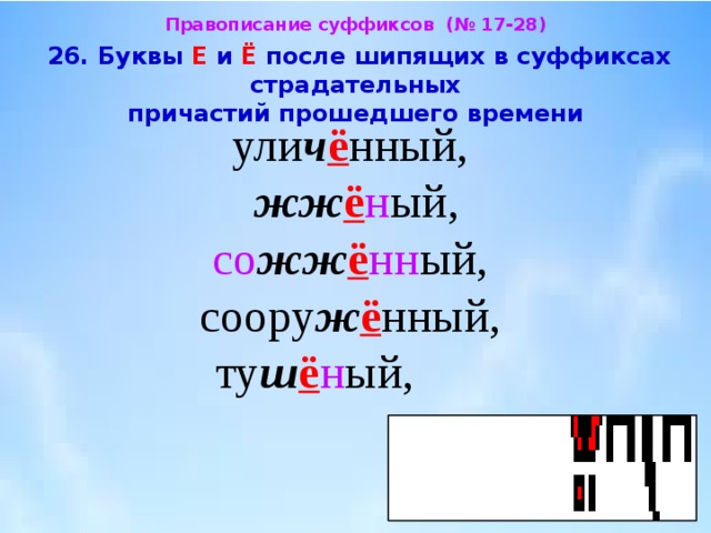 Правописание суффиксов (№ 17-28)  26. Буквы Е и Ё после шипящих в суффиксах страдательных  причастий прошедшего времени  ули ч ё нный, жж ё н ый, со жж ё нн ый, соору ж ё нный, ту ш ё н ый, 