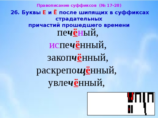 Правописание суффиксов (№ 17-28)  26. Буквы Е и Ё после шипящих в суффиксах страдательных  причастий прошедшего времени  пе ч ё н ый, ис пе ч ё нный, закоп ч ё нный, раскрепо щ ё нный, увле ч ё нный, 