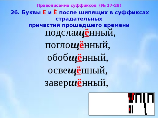 Правописание суффиксов (№ 17-28)  26. Буквы Е и Ё после шипящих в суффиксах страдательных  причастий прошедшего времени   подсла щ ё нный, погло щ ё нный, обоб щ ё нный, осве щ ё нный,  завер ш ё нный, 