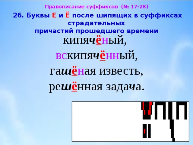 Правописание суффиксов (№ 17-28)  26. Буквы Е и Ё после шипящих в суффиксах страдательных  причастий прошедшего времени  кипя ч ё н ый, вс кипя ч ё нн ый,  га ш ё н ая известь, ре ш ё нная зада ч а. 