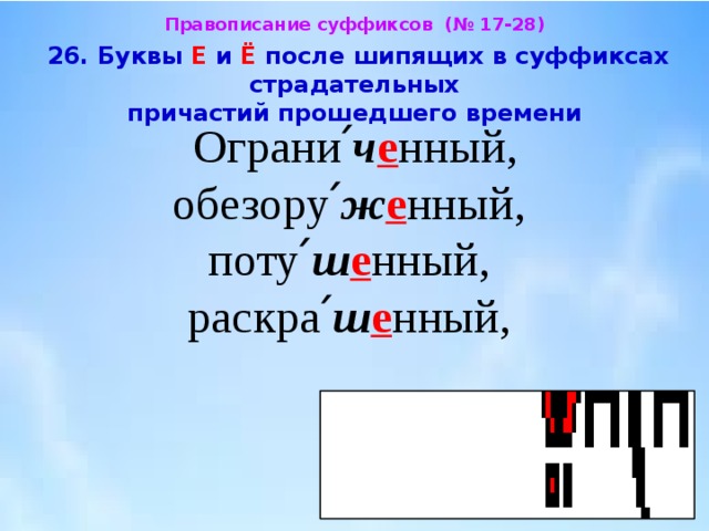 Правописание суффиксов (№ 17-28)  26. Буквы Е и Ё после шипящих в суффиксах страдательных  причастий прошедшего времени  Ограни՛ ч е нный, обезору՛ ж е нный, поту՛ ш е нный, раскра՛ ш е нный, 