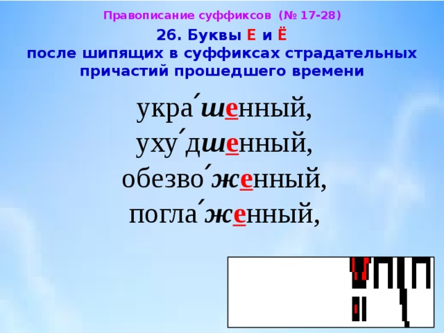 Правописание суффиксов (№ 17-28)  26. Буквы Е и Ё после шипящих в суффиксах страдательных  причастий прошедшего времени  укра՛ ш е нный, уху՛д ш е нный, обезво՛ ж е нный, погла՛ ж е нный, 