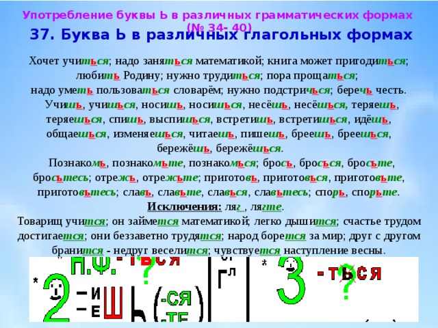 Употребление буквы Ь в различных грамматических формах (№ 34- 40)  37. Буква Ь в различных глагольных формах  Хочет учи т ь ся ; надо заня т ь ся математикой; книга может пригоди т ь ся ; люби т ь Родину; нужно труди т ь ся ; пора проща т ь ся ;  надо уме т ь пользова т ь ся словарём; нужно подстри ч ь ся ; бере ч ь честь.  Учи ш ь , учи ш ь ся , носи ш ь , носи ш ь ся , несё ш ь , несё ш ь ся, теряе ш ь , теряе ш ь ся , спи ш ь , выспи ш ь ся , встрети ш ь , встрети ш ь ся , идё ш ь , общае ш ь ся , изменяе ш ь ся , читае ш ь , пише ш ь , брее ш ь , брее ш ь ся ,  бережё ш ь , бережё ш ь ся .  Познако м ь , познако м ь те , познако м ь ся ; бро с ь , бро с ь ся , бро с ь те , бро с ь тесь ; отре ж ь , отре ж ь те ; пригото в ь , пригото в ь ся , пригото в ь те , пригото в ь тесь ; сла в ь , сла в ь те , сла в ь ся , сла в ь тесь ; спо р ь , спо р ь те .  Исключения: ля г , ля гте . Товарищ учи тся ; он займе тся математикой; легко дыши тся ; счастье трудом достигае тся ; они беззаветно трудя тся ; народ боре тся за мир; друг с другом брани тся - недруг весели тся ; чувствуе тся наступление весны. 