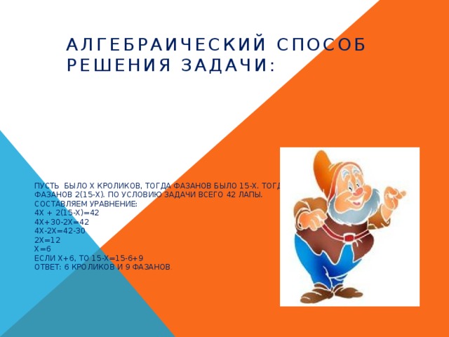 Алгебраический способ решения задачи:         Пусть было х кроликов, тогда фазанов было 15-х. Тогда у кроликов лап было 4х, а у фазанов 2(15-х). По условию задачи всего 42 лапы.  Составляем уравнение:  4х + 2(15-х)=42  4х+30-2х=42  4х-2х=42-30  2х=12  х=6  Если х+6, то 15-Х=15-6+9  Ответ: 6 кроликов и 9 фазанов .   