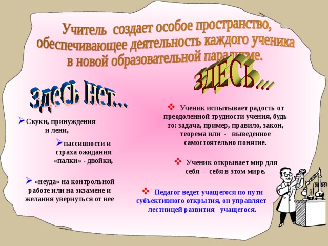  Ученик испытывает радость от преодоленной трудности учения, будь то: задача, пример, правило, закон, теорема или - выведенное самостоятельно понятие. Скуки, принуждения и лени, пассивности и страха ожидания «палки» - двойки,  Ученик открывает мир для себя - себя в этом мире.  «неуда» на контрольной работе или на экзамене и желания увернуться от нее  Педагог ведет учащегося по пути субъективного открытия, он управляет лестницей развития учащегося. 
