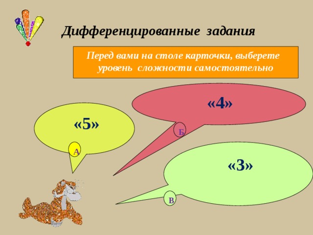 Дифференцированные задания Перед вами на столе карточки, выберете уровень сложности самостоятельно  «4»  «5» Б  «3» А В 