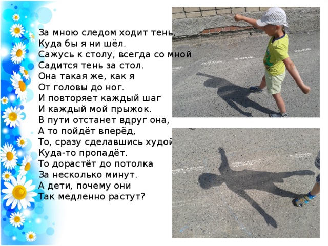 За мною следом ходит тень,  Куда бы я ни шёл.  Сажусь к столу, всегда со мной  Садится тень за стол. Она такая же, как я  От головы до ног.  И повторяет каждый шаг  И каждый мой прыжок. В пути отстанет вдруг она,  А то пойдёт вперёд,  То, сразу сделавшись худой,  Куда-то пропадёт. То дорастёт до потолка  За несколько минут.  А дети, почему они  Так медленно растут? 