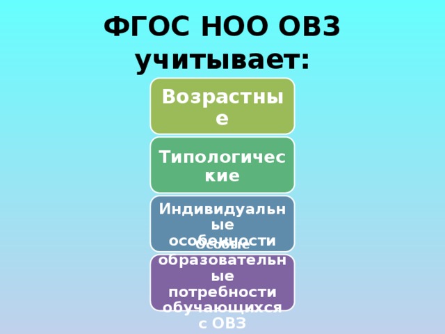 ФГОС НОО ОВЗ учитывает: Возрастные Типологические Индивидуальные особенности Особые образовательные потребности обучающихся с ОВЗ 