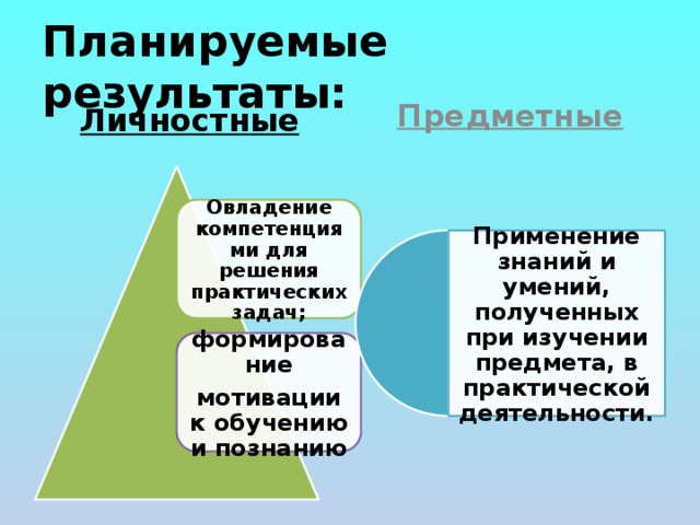 Планируемые результаты: Предметные Личностные Овладение компетенциями для решения практических задач; Применение знаний и умений, полученных при изучении предмета, в практической деятельности. формирование мотивации к обучению и познанию 