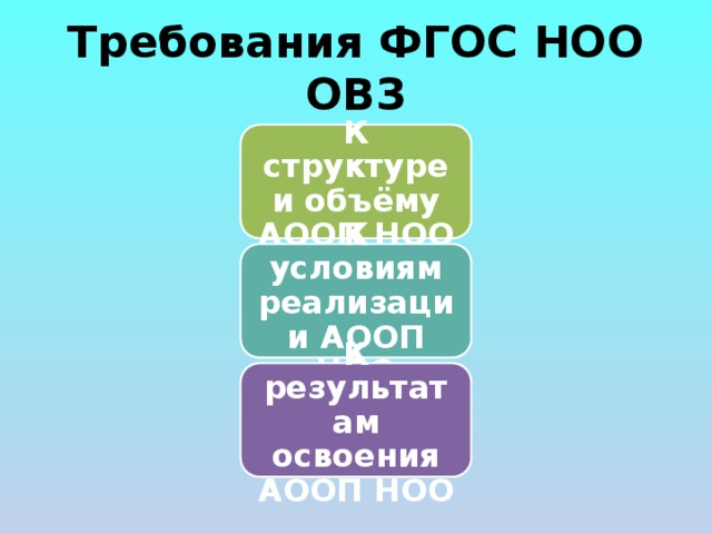 Требования ФГОС НОО ОВЗ К структуре и объёму АООП НОО К условиям реализации АООП НОО К результатам освоения АООП НОО 