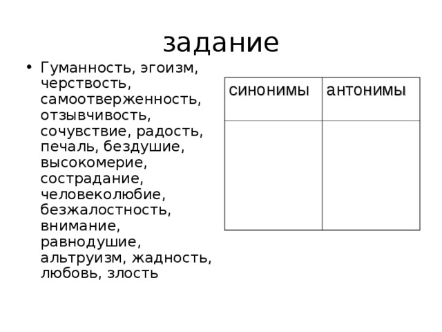 задание Гуманность, эгоизм, черствость, самоотверженность, отзывчивость, сочувствие, радость, печаль, бездушие, высокомерие, сострадание, человеколюбие, безжалостность, внимание, равнодушие, альтруизм, жадность, любовь, злость синонимы антонимы