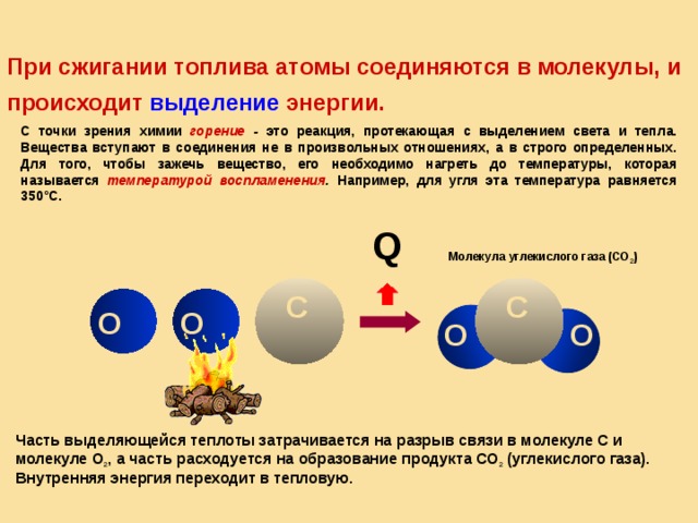 При сжигании топлива атомы соединяются в молекулы, и происходит выделение энергии. С точки зрения химии горение - это реакция, протекающая с выделением света и тепла. Вещества вступают в соединения не в произвольных отношениях, а в строго определенных. Для того, чтобы зажечь вещество, его необходимо нагреть до температуры, которая называется температурой воспламенения . Например, для угля эта температура равняется 350°С. Q Молекула углекислого газа (СО 2 ) С С О О О О Молекула воды (Н2О) Часть выделяющейся теплоты затрачивается на разрыв связи в молекуле С и молекуле О 2 , а часть расходуется на образование продукта СО 2 (углекислого газа).  Внутренняя энергия переходит в тепловую.    