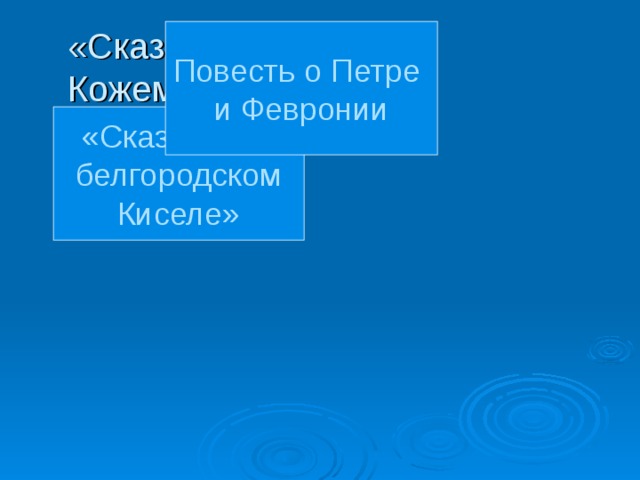 «Сказание о Кожемяке» Повесть о Петре и Февронии «Сказание о белгородском Киселе» 