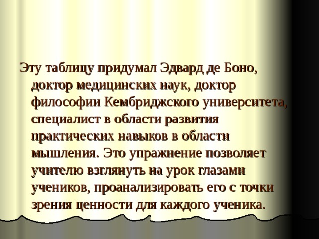 Эту таблицу придумал Эдвард де Боно, доктор медицинских наук, доктор философии Кембриджского университета, специалист в области развития практических навыков в области мышления. Это упражнение позволяет учителю взглянуть на урок глазами учеников, проанализировать его с точки зрения ценности для каждого ученика. 