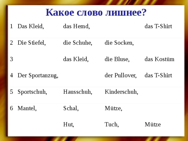 Какое слово лишнее? 1 Das Kleid, 2 das Hemd, Die Stiefel, 3 4 die Schuhe, 5 Der Sportanzug, das T-Shirt das Kleid, die Socken, Sportschuh, 6 die Bluse, Mantel, das Kostüm Hausschuh, der Pullover, Kinderschuh, das T-Shirt Schal, Mütze, Hut, Tuch, Mütze 