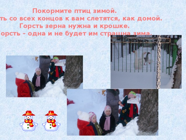 Покормите птиц зимой. Пусть со всех концов к вам слетятся, как домой. Горсть зерна нужна и крошке. Горсть – одна и не будет им страшна зима. 