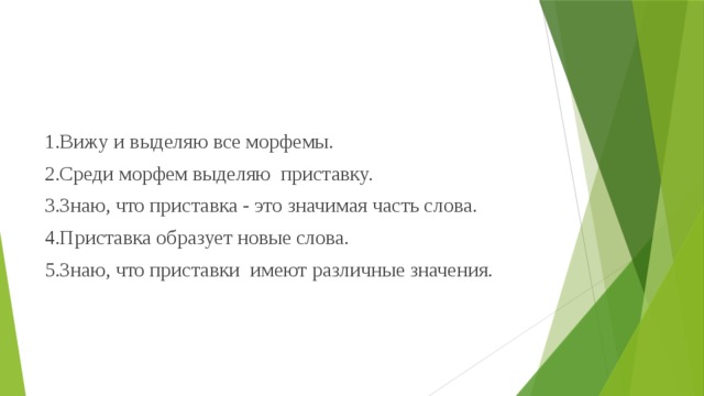 1.Вижу и выделяю все морфемы. 2.Среди морфем выделяю приставку. 3.Знаю, что приставка - это значимая часть слова. 4.Приставка образует новые слова. 5.Знаю, что приставки имеют различные значения. 