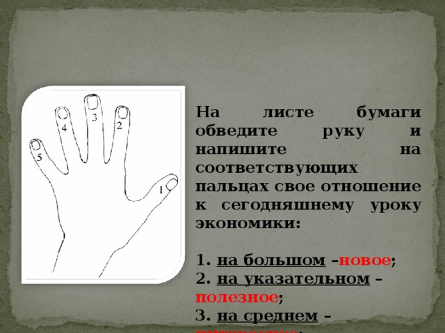 На листе бумаги обведите руку и напишите на соответствующих пальцах свое отношение к сегодняшнему уроку экономики:  1. на большом – новое ; 2. на указательном – полезное ; 3. на среднем – интересное ; 4. на безымянном – пожелания ; 5. на мизинце – затруднения . 
