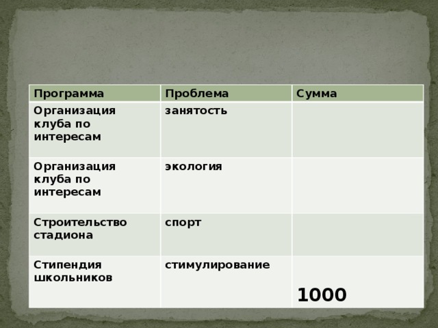 Программа Проблема Организация клуба по интересам Сумма занятость Организация клуба по интересам экология Строительство стадиона спорт Стипендия школьников стимулирование  1000 