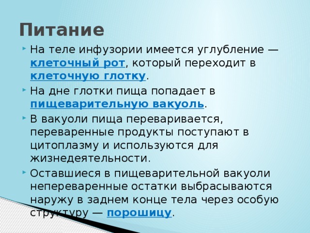Питание На теле инфузории имеется углубление — клеточный рот , который переходит в клеточную глотку . На дне глотки пища попадает в пищеварительную вакуоль . В вакуоли пища переваривается, переваренные продукты поступают в цитоплазму и используются для жизнедеятельности. Оставшиеся в пищеварительной вакуоли непереваренные остатки выбрасываются наружу в заднем конце тела через особую структуру — порошицу . 