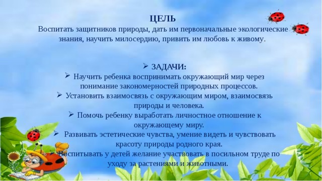 ЦЕЛЬ Воспитать защитников природы, дать им первоначальные экологические знания, научить милосердию, привить им любовь к живому . ЗАДАЧИ: Научить ребенка воспринимать окружающий мир через понимание закономерностей природных процессов. Установить взаимосвязь с окружающим миром, взаимосвязь природы и человека. Помочь ребенку выработать личностное отношение к окружающему миру.  Развивать эстетические чувства, умение видеть и чувствовать красоту природы родного края. Воспитывать у детей желание участвовать в посильном труде по уходу за растениями и животными. 