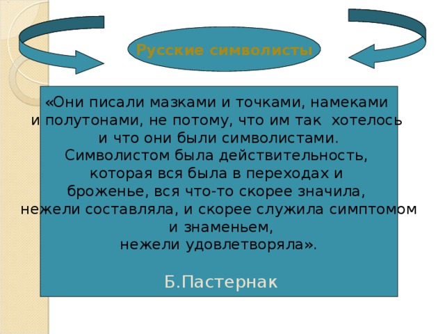 Русские символисты «Они писали мазками и точками, намеками и полутонами, не потому, что им так хотелось и что они были символистами. Символистом была действительность, которая вся была в переходах и броженье, вся что-то скорее значила, нежели составляла, и скорее служила симптомом  и знаменьем, нежели удовлетворяла».  Б.Пастернак 