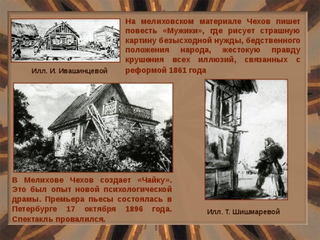 На мелиховском материале Чехов пишет повесть «Мужики», где рисует страшную картину безысходной нужды, бедственного положения народа, жестокую правду крушения всех иллюзий, связанных с реформой 1861 года  Илл. И. Ивашинцевой В Мелихове Чехов создает «Чайку». Это был опыт новой психологической драмы. Премьера пьесы состоялась в Петербурге 17 октября 1896 года. Спектакль провалился.  Илл. Т. Шишмаревой 