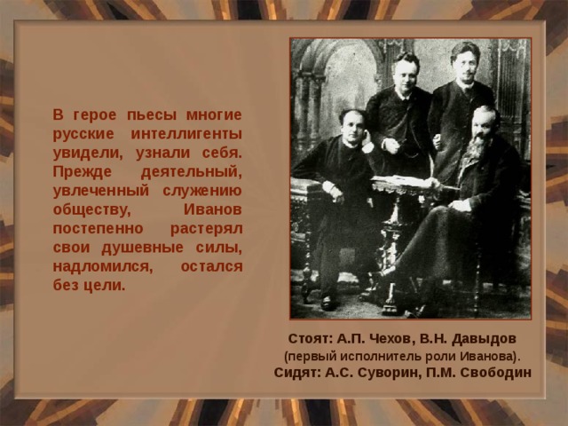В герое пьесы многие русские интеллигенты увидели, узнали себя. Прежде деятельный, увлеченный служению обществу, Иванов постепенно растерял свои душевные силы, надломился, остался без цели. Стоят: А.П. Чехов, В.Н. Давыдов (первый исполнитель роли Иванова). Сидят: А.С. Суворин, П.М. Свободин 