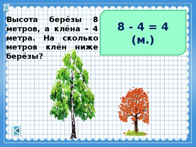 8 - 4 = 4 (м.) Высота берёзы 8 метров, а клёна – 4 метра. На сколько метров клён ниже берёзы? 