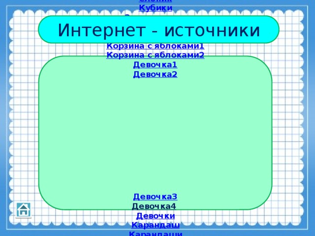 Интернет - источники       Фон Ёлочка Дети Дети2 Булочки Тарелка Жираф Слоник Кубики Знак вопроса Парта1 Парта2 Корзина с яблоками1 Корзина с яблоками2 Девочка1 Девочка2             Девочка3 Девочка4  Девочки Карандаш Карандаши Озеро Утки Ветка Яблоко Шахматная доска Фигуры Машинки Клён Берёза       