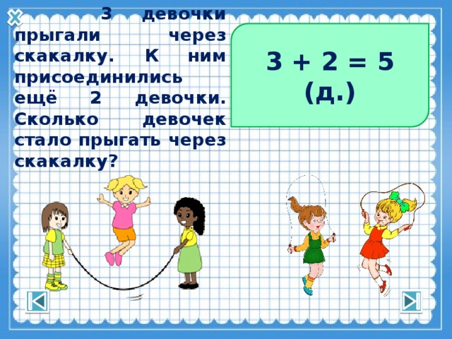 3 + 2 = 5 (д.)  3 девочки прыгали через скакалку. К ним присоединились ещё 2 девочки. Сколько девочек стало прыгать через скакалку? 