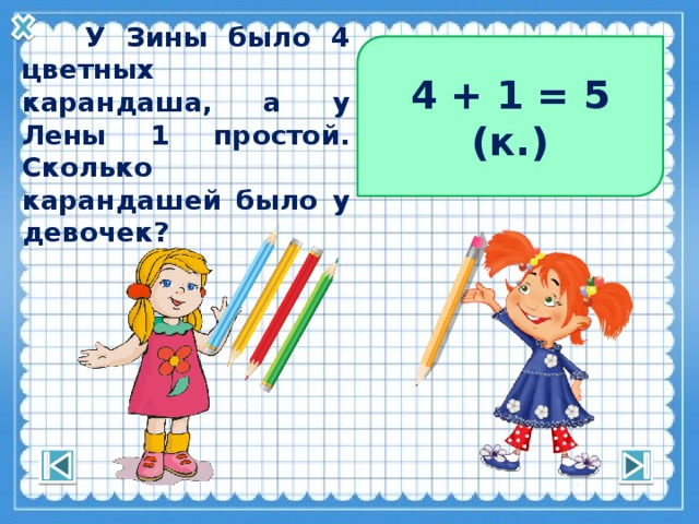 4 + 1 = 5 (к.)  У Зины было 4 цветных карандаша, а у Лены 1 простой. Сколько карандашей было у девочек? 