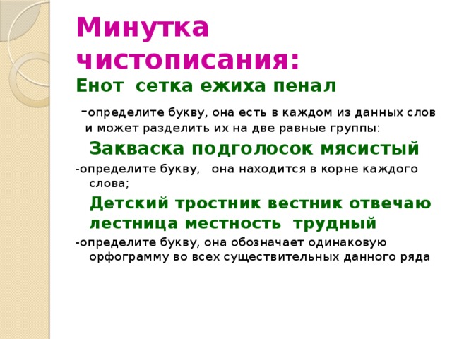 Минутка чистописания: Енот сетка ежиха пенал  - определите букву, она есть в каждом из данных слов и может разделить их на две равные группы:  Закваска подголосок мясистый -определите букву, она находится в корне каждого слова;  Детский тростник вестник отвечаю лестница местность трудный -определите букву, она обозначает одинаковую орфограмму во всех существительных данного ряда 