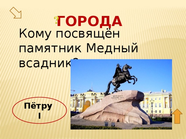 Города Кому посвящён памятник Медный всадник? 30 Пётру I  