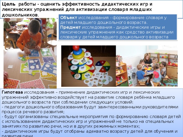 Цель работы - оценить эффективность дидактических игр и лексических упражнений для активизации словаря младших дошкольников. Объект исследования - формирование словаря у детей младшего дошкольного возраста. Предмет исследования - дидактические игры и лексические упражнения как средство активизации словаря у детей младшего дошкольного возраста Гипотеза исследования – применение дидактических игр и лексических упражнений эффективно воздействует на развитие словаря ребёнка младшего дошкольного возраста при соблюдении следующих условий: - педагоги дошкольного образования будут заинтересованными руководителями процесса речевого развития; - будут организованы специальные мероприятия по формированию словаря детей с использованием дидактических игр и упражнений не только на специальных занятиях по развитию речи, но и в других режимных моментах; - дидактические игры будут отобраны адекватно возрасту детей для обучения и развития речи. 