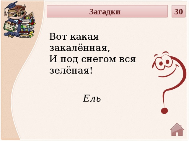 Загадки 30 Вот какая закалённая,  И под снегом вся зелёная! Ель  