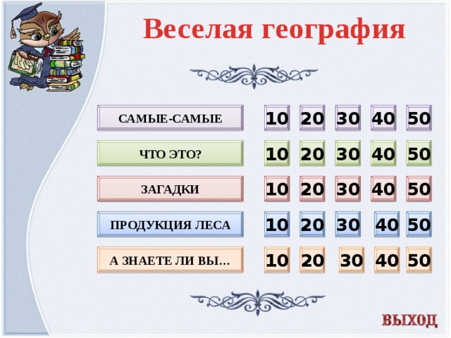 Веселая география 20 30 40 50 Самые-самые 10 10 20 30 40 50 Что это? загадки 10 50 40 30 20 Продукция леса 30 50 40 20 10 а знаете ли вы… 30 40 50 20 10  