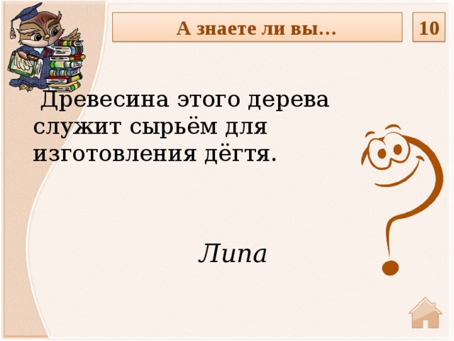 10 А знаете ли вы…  Древесина этого дерева служит сырьём для изготовления дёгтя.  Липа  