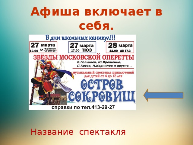 Афиша включает в себя. Название спектакля 